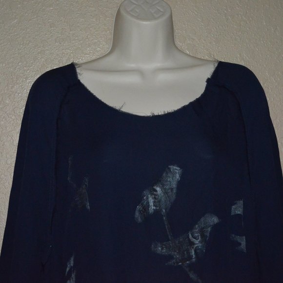 NWT $366 Sz M JAGA Navy Silk Tunic Top Blouse w/ Birds - Picture 2 of 7